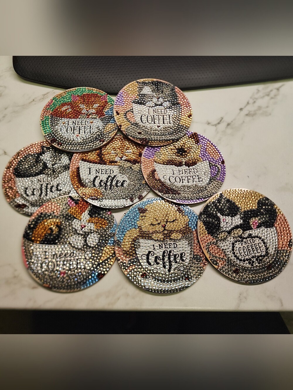 I Need Coffee Cat Rhinestone Coaster - Multicolor Sparkle